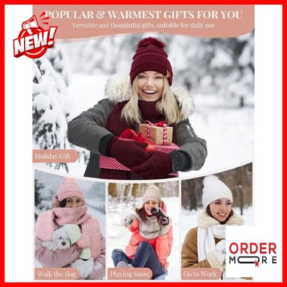 Fleece Lined Pom Pom Beanie Scarf Touchscreen Gloves Winter Set